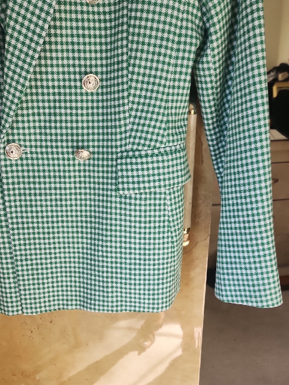 NWT -Luxedress /Loulou Studio Emerald Green Gingham Check Double-Breasted Blazer - Picture 6 of 10